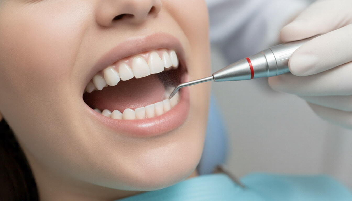 Процесс чистки зубов Air Flow в стоматологии